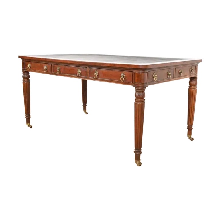 Henredon French Regency Louis XVI Carved Mahogany Leather Top Bureau Plat Desk