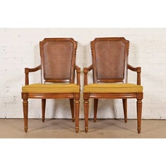 Henredon French Regency Louis XVI Carved Walnut Cane Back Armchairs, Pair