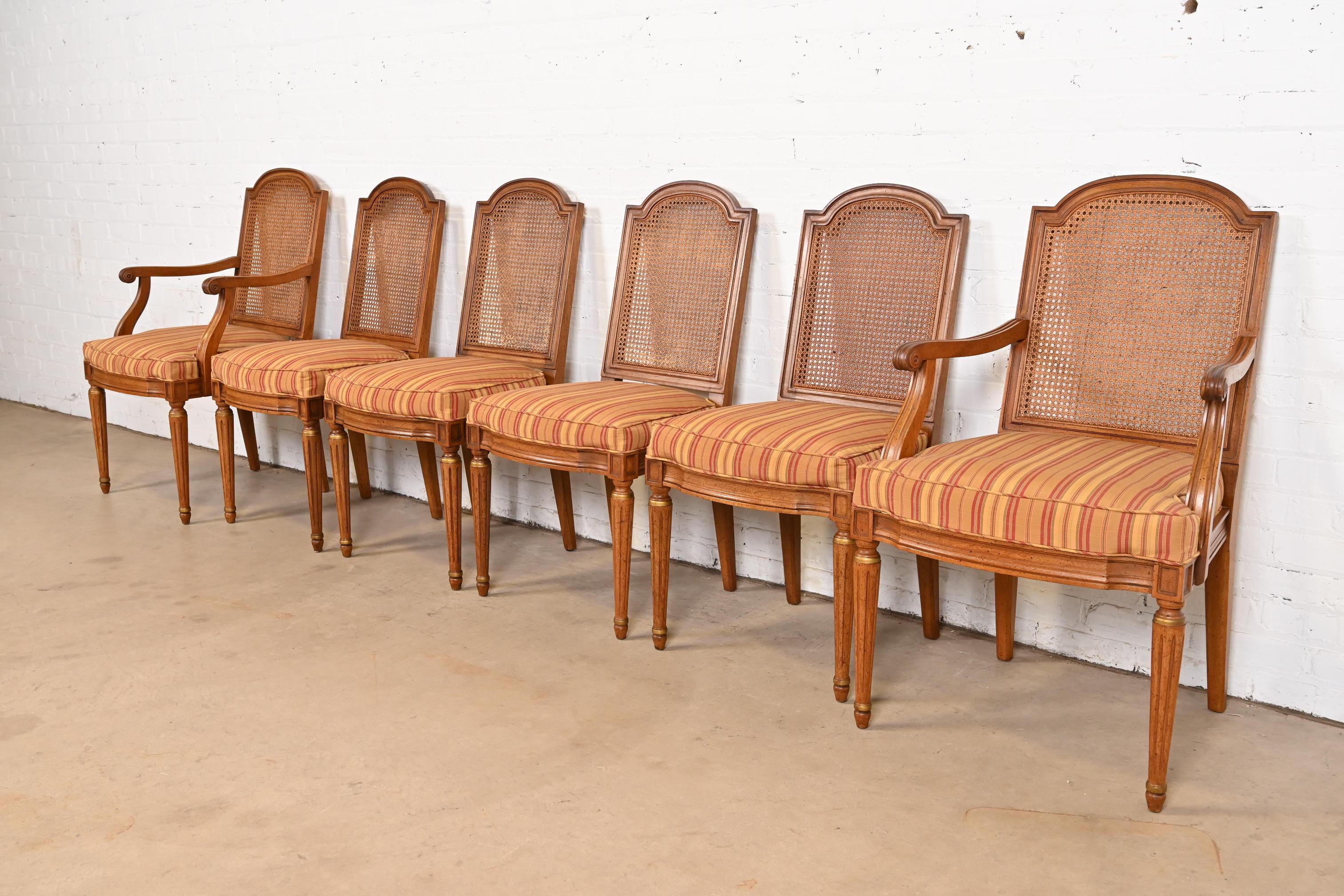 American Henredon French Regency Louis XVI Carved Walnut Cane Back Dining Chairs