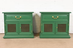 Henredon French Regency Louis XVI Green Lacquered Nightstands, Newly Refinished