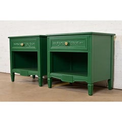 Henredon French Regency Louis XVI Green Lacquered Nightstands, Newly Refinished