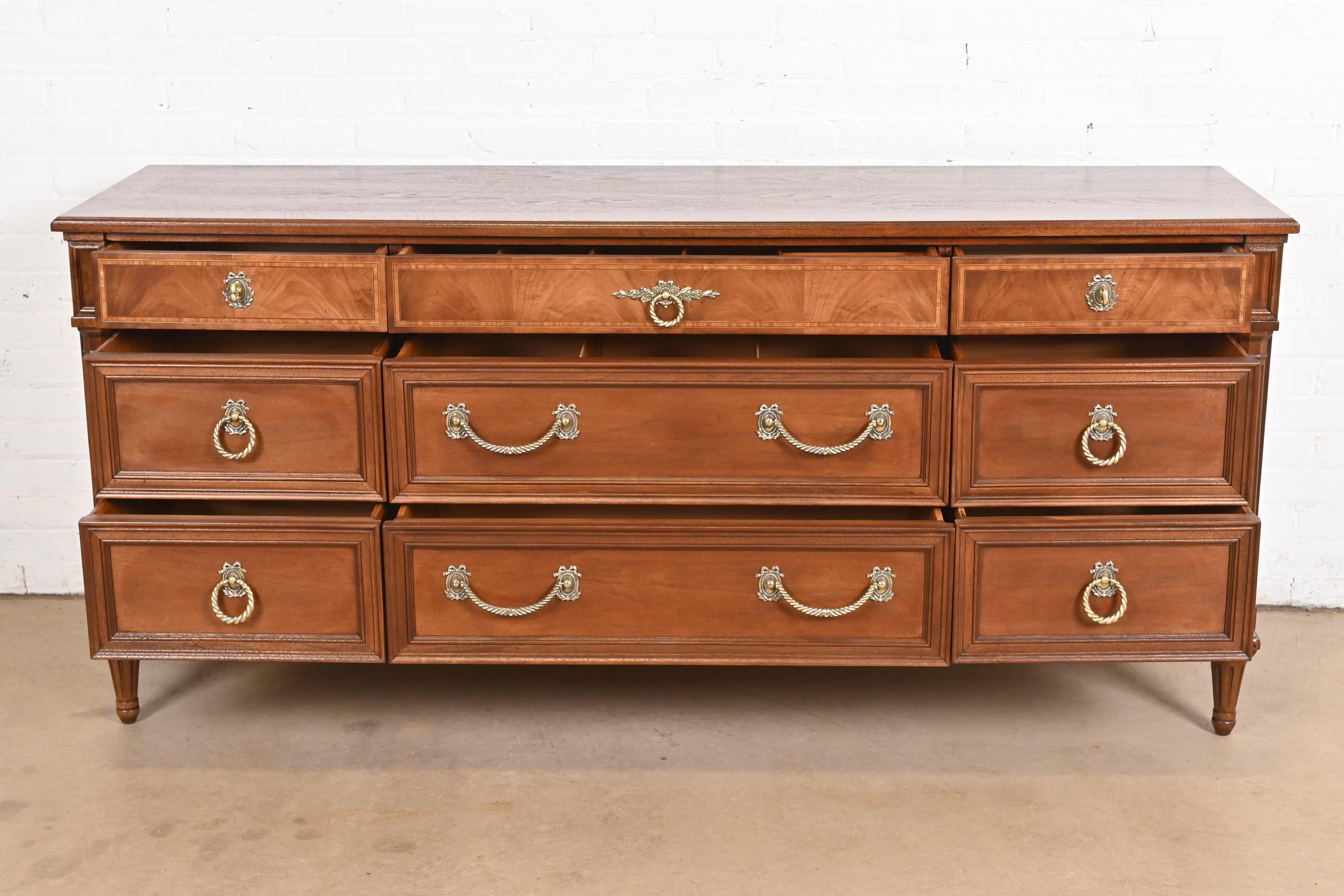 Brass Henredon French Regency Louis XVI Mahogany Long Dresser or Credenza, Refinished For Sale