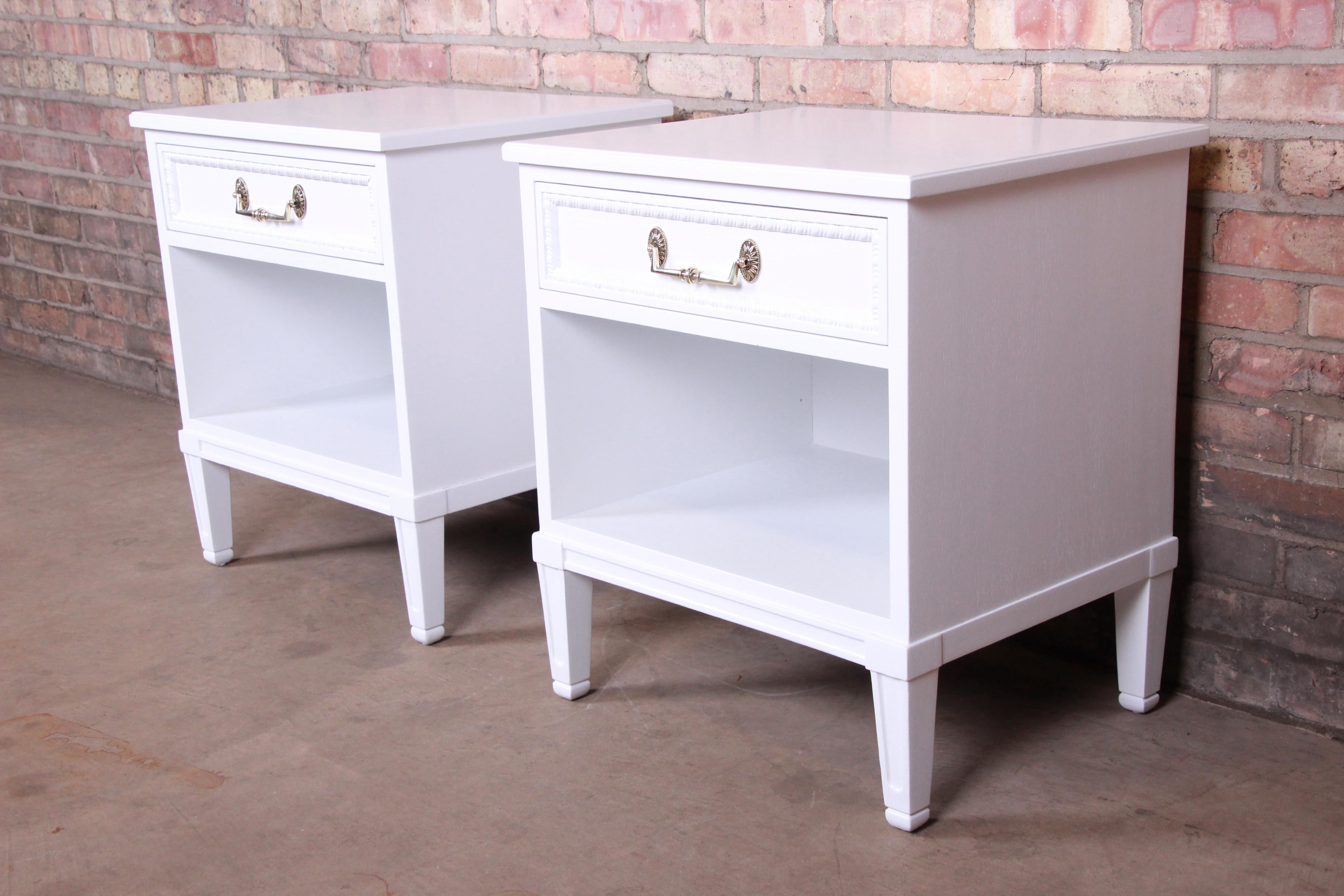 American Henredon French Regency Louis XVI White Lacquered Nightstands, Newly Refinished