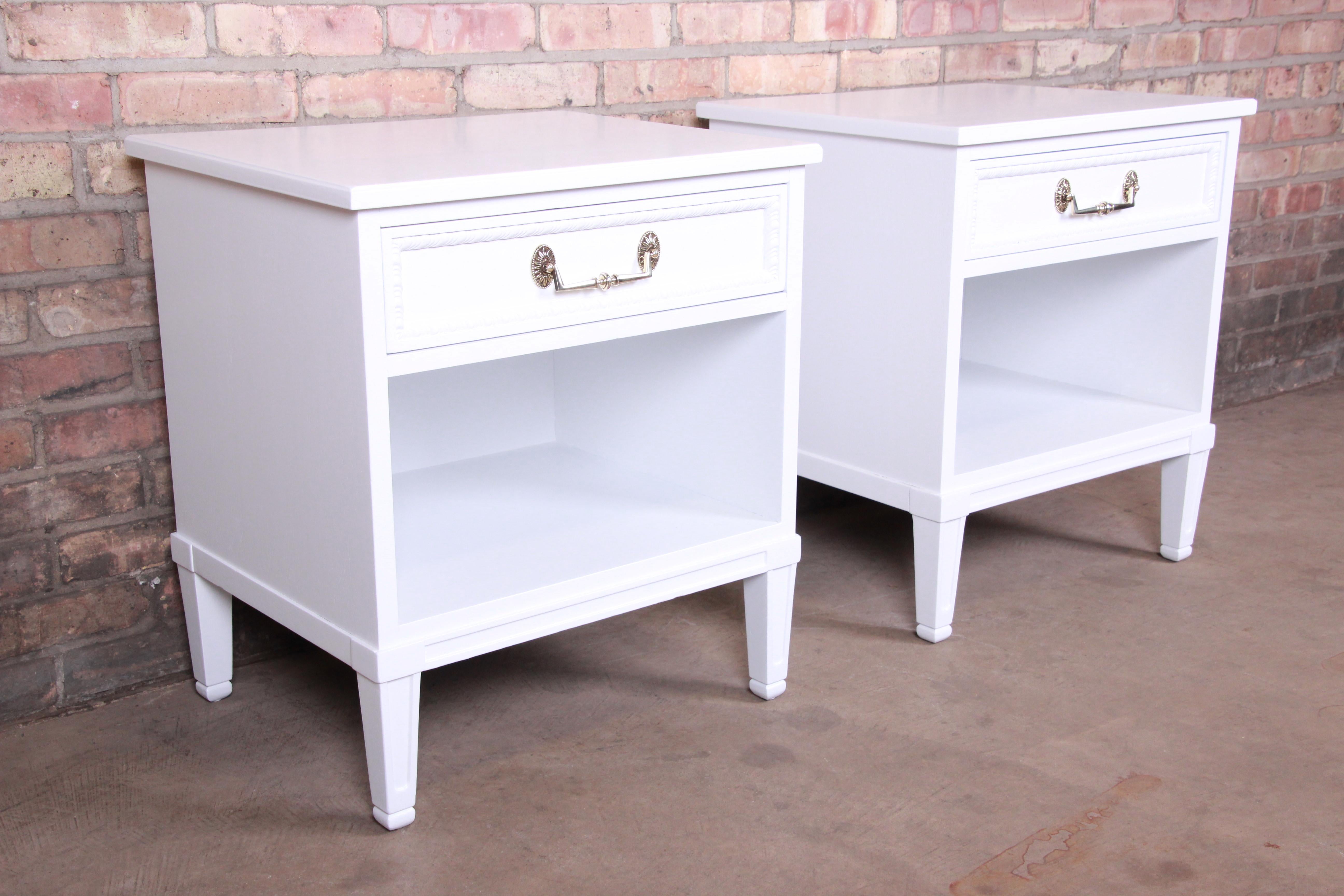 20th Century Henredon French Regency Louis XVI White Lacquered Nightstands, Newly Refinished