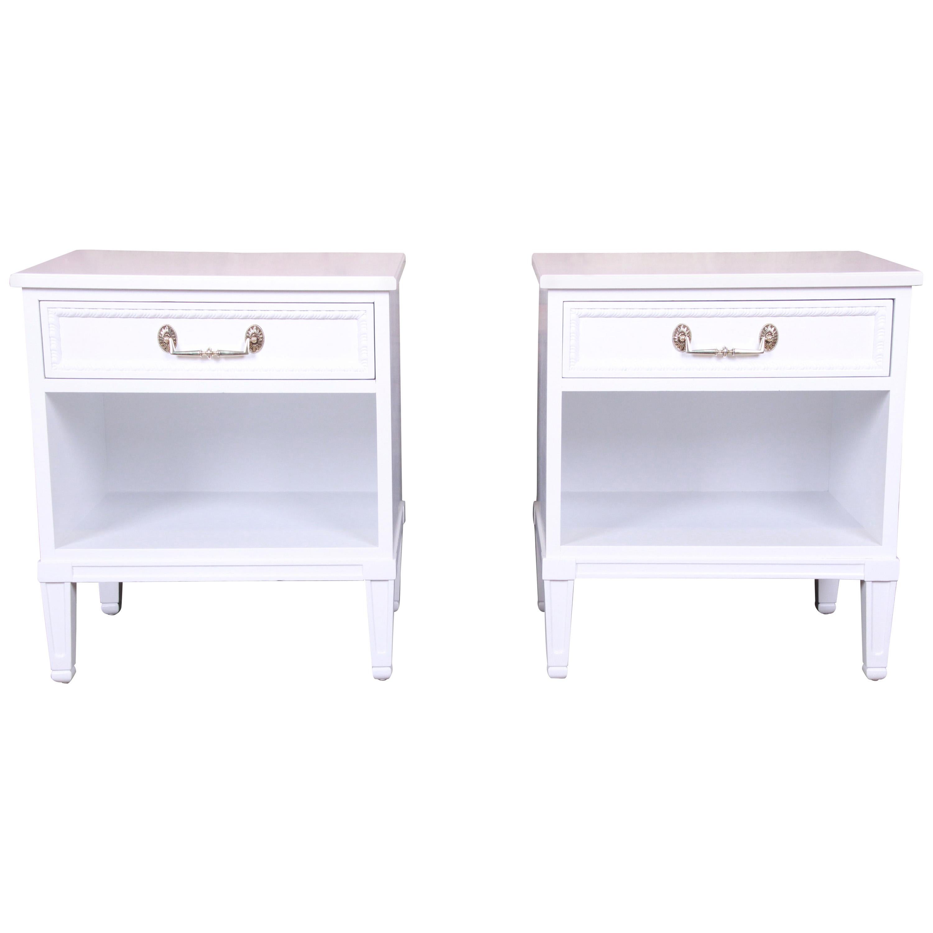 Henredon French Regency Louis XVI White Lacquered Nightstands, Newly Refinished