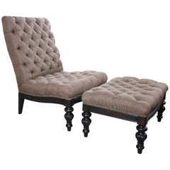 Henredon French Tufted Tweed and Nailhead Slipper Java Lounge Chair and Ottoman