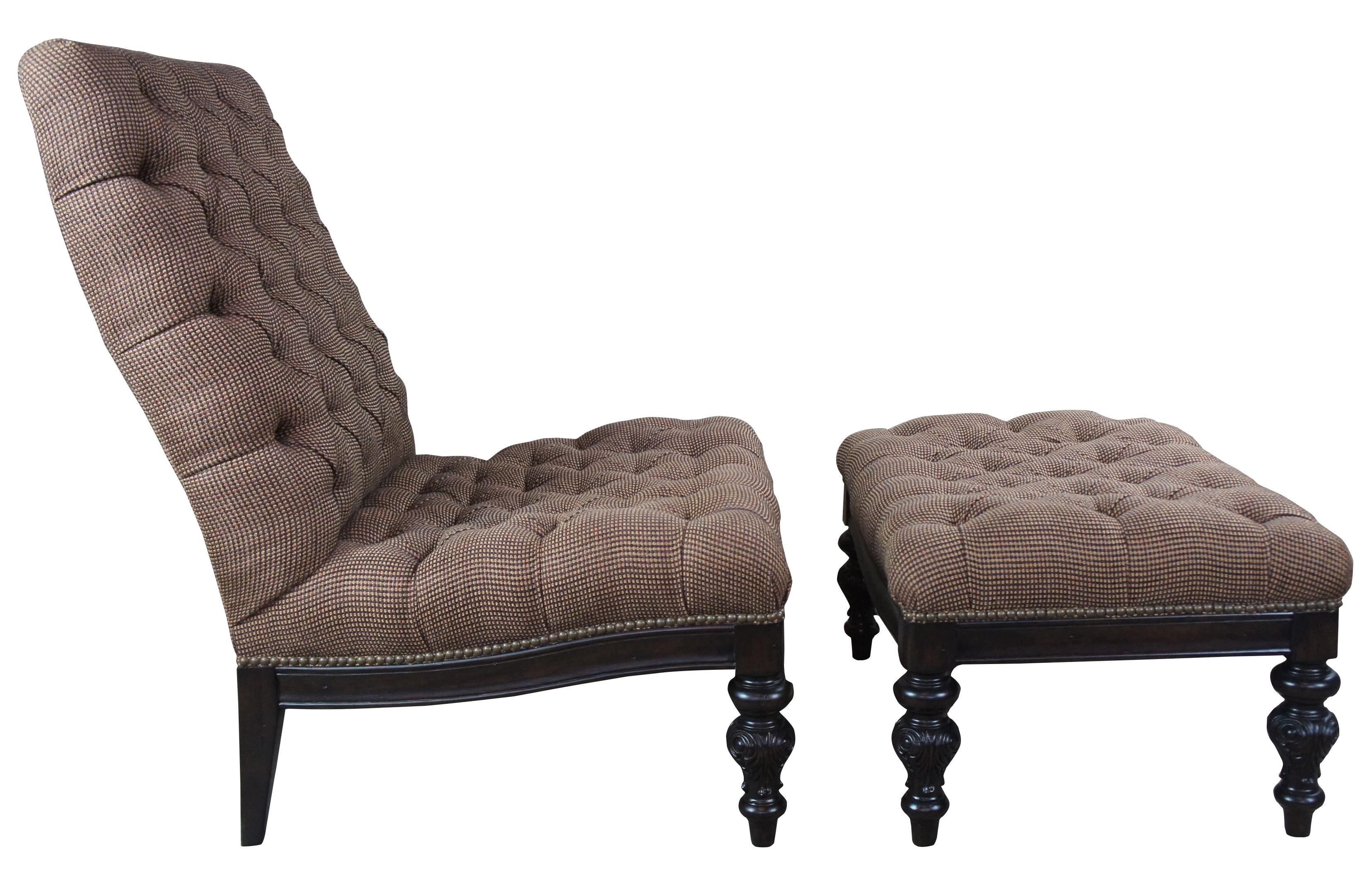 Henredon French lounge chair and ottoman. Features tufted tweed, with nailhead trim and carved legs. Finished in Java.
   