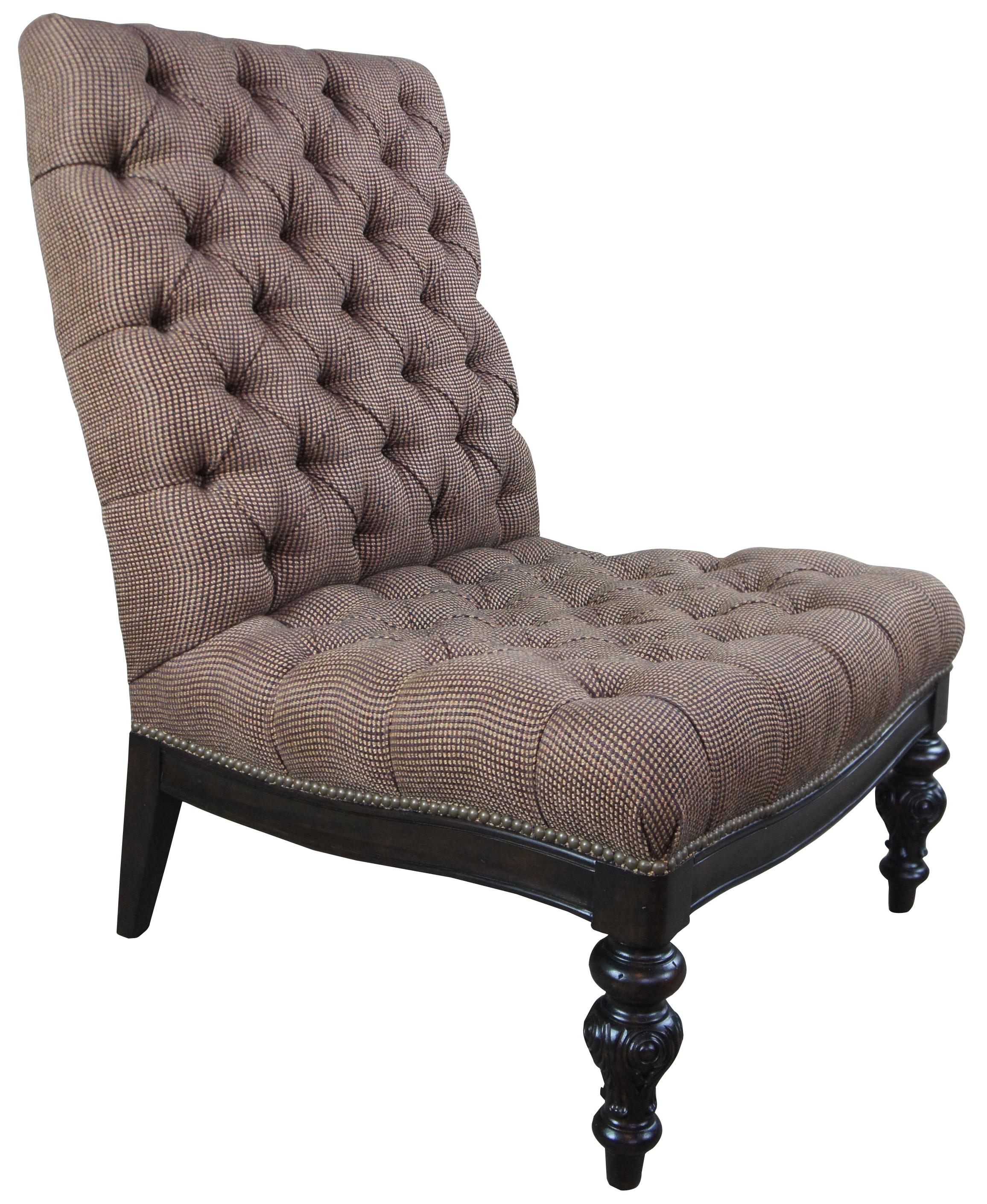 French Provincial Henredon French Tufted Tweed and Nailhead Slipper Java Lounge Chair and Ottoman