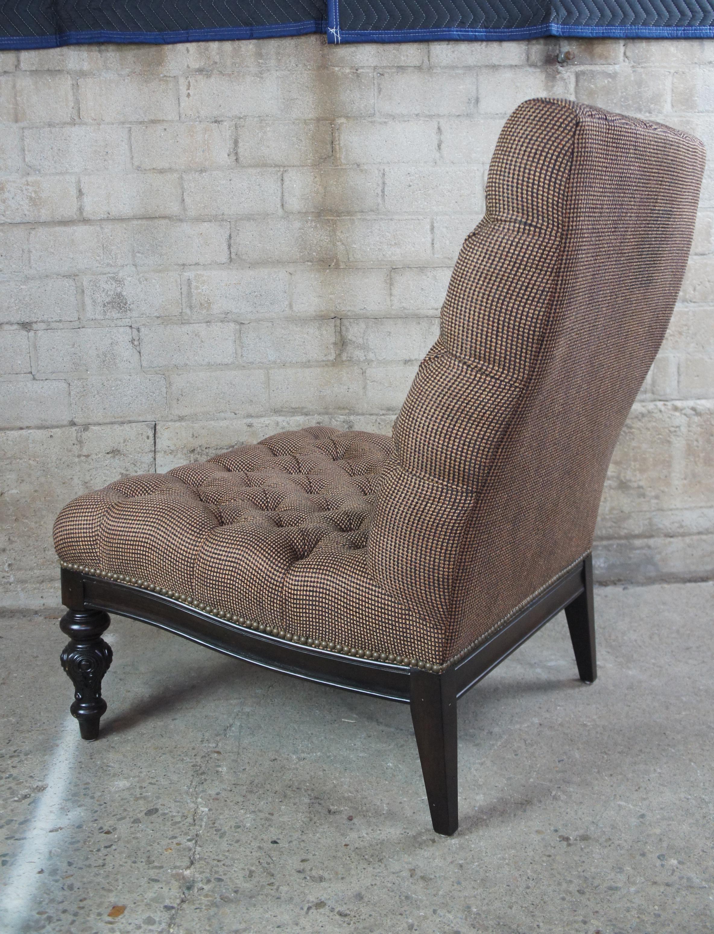 Upholstery Henredon French Tufted Tweed and Nailhead Slipper Java Lounge Chair and Ottoman