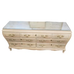 Henredon Fruitwood Bombe Dresser with Pickled Finish and Protective Glass Top