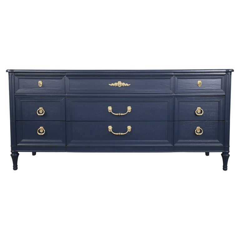 navy blue dresser with gold knobs 17th Century Chest With Navy Blue Finish – The Well Appointed House main image 0