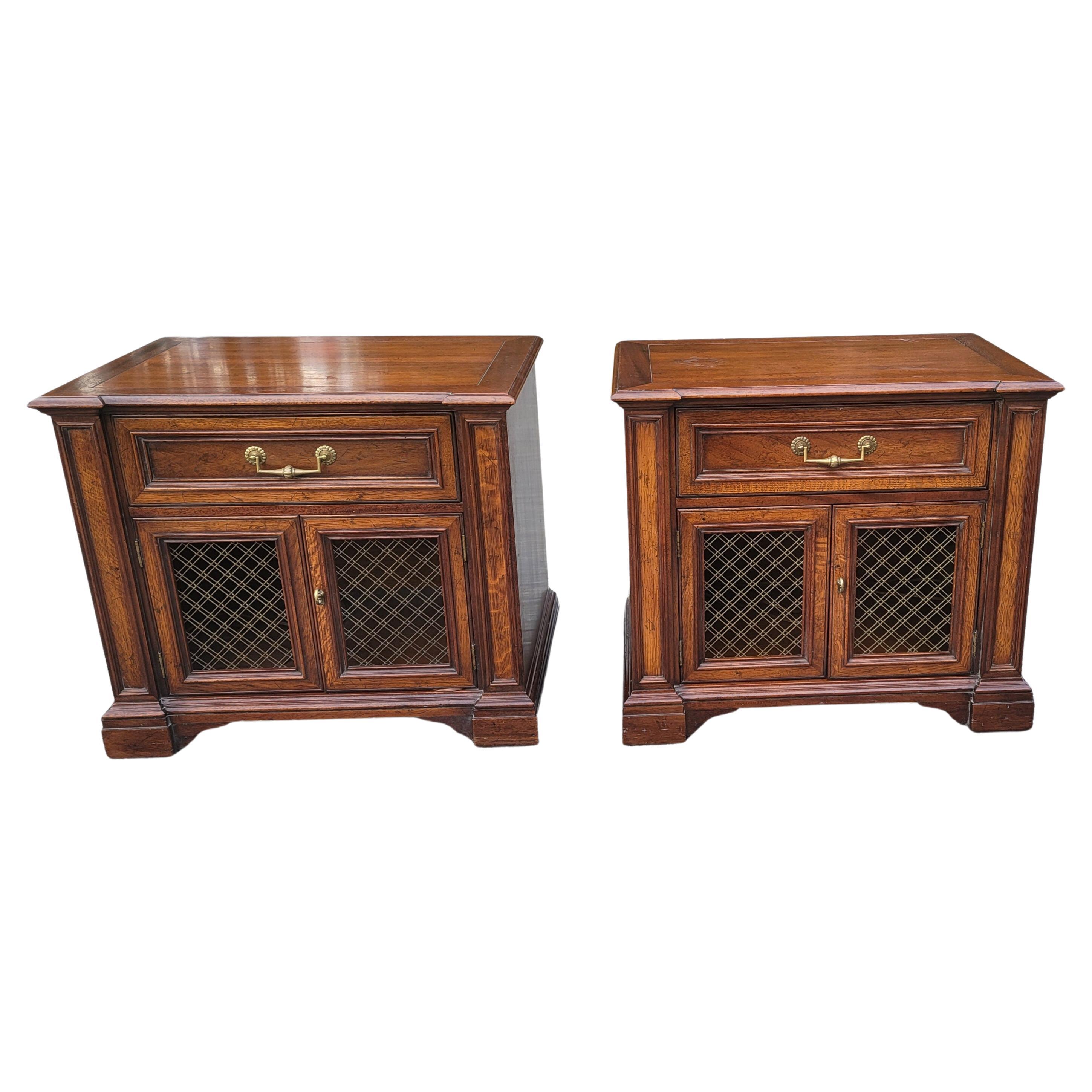 Henredon Furniture Walnut & Mission Oak French Wire Mesh Bedside Tables,  a Pair For Sale