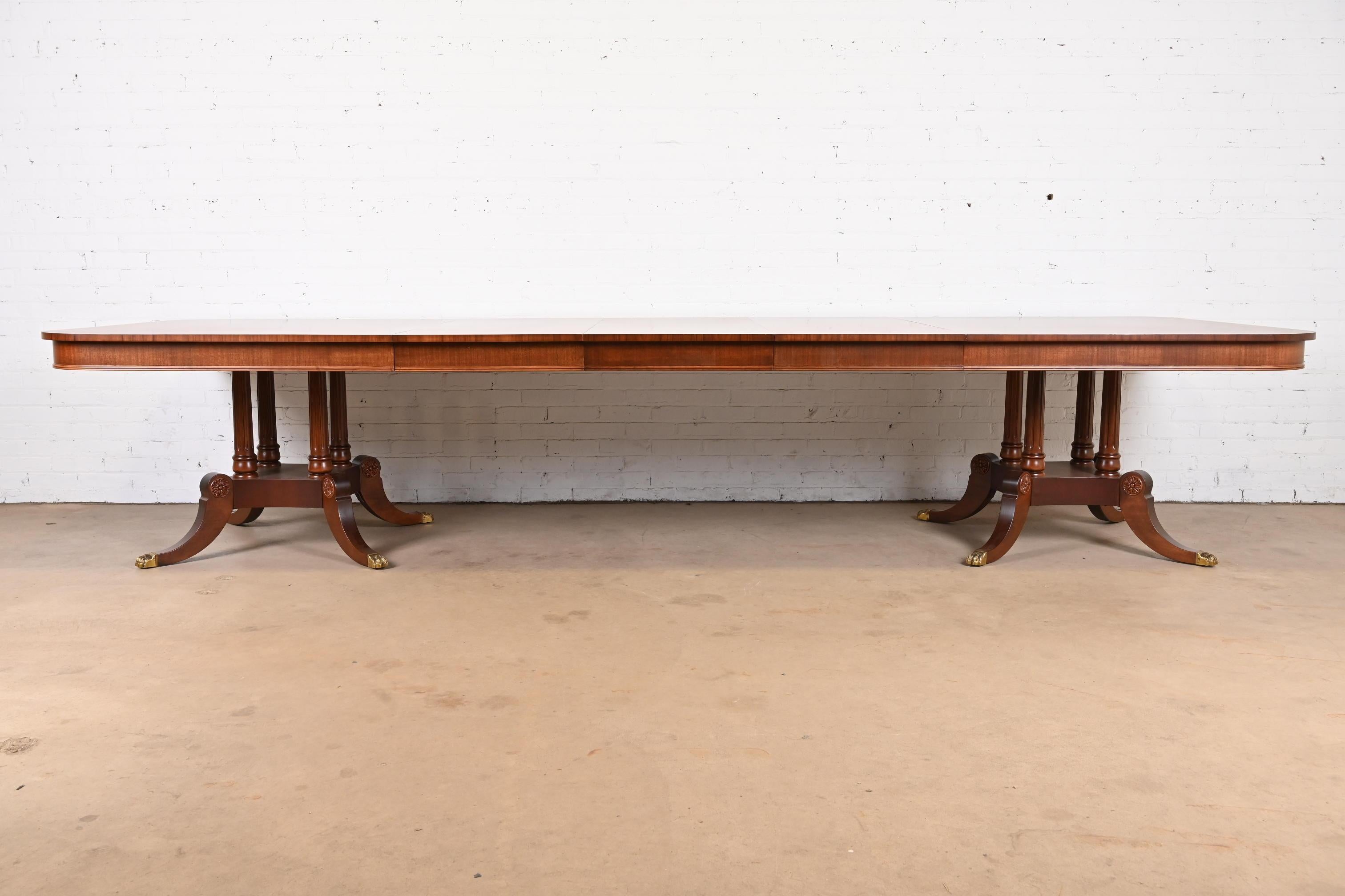 20th Century Henredon Georgian Banded Flame Mahogany Double Pedestal Dining Table, Refinished