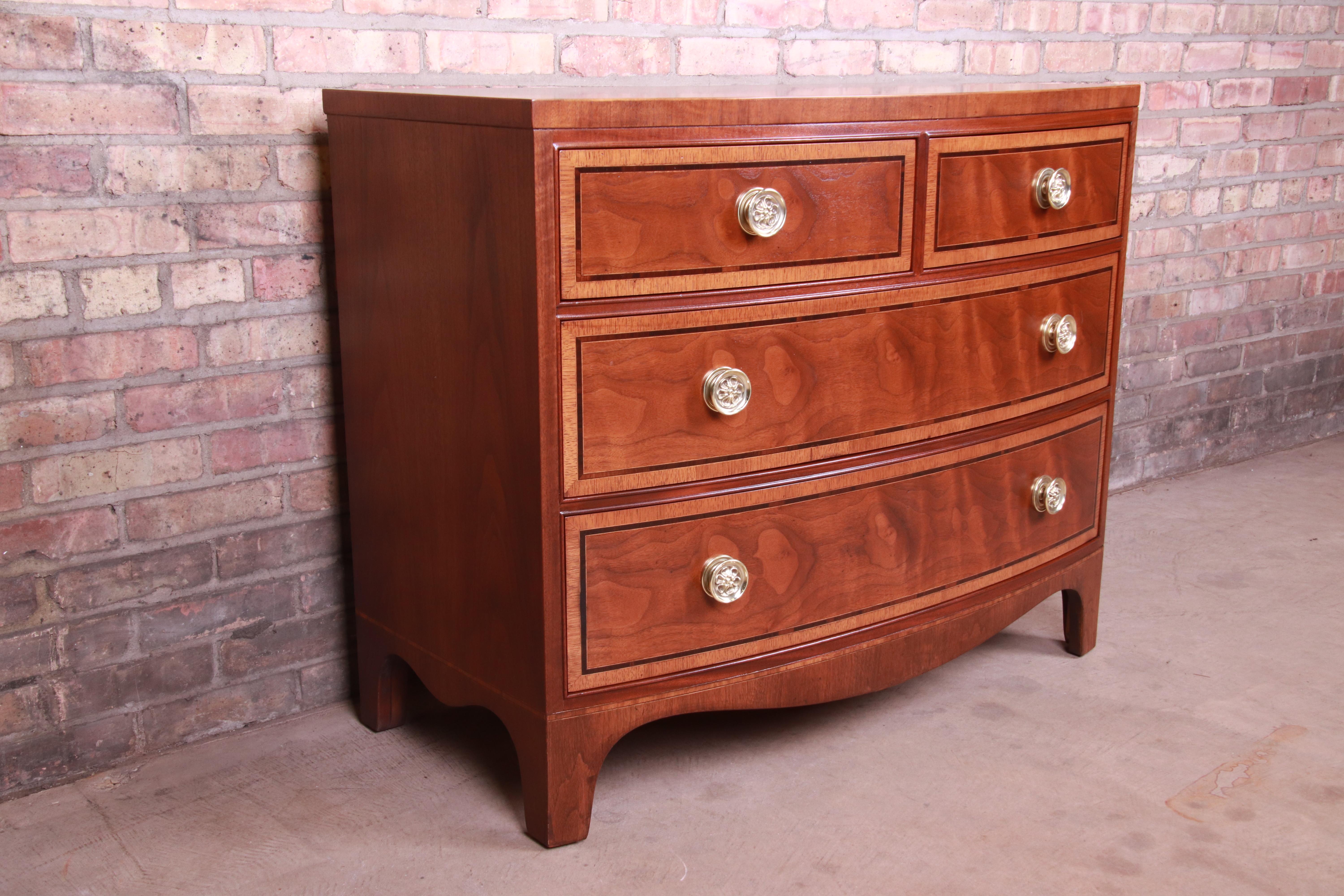 American Henredon Georgian Banded Mahogany Bow Front Bachelor Chest, Newly Restored