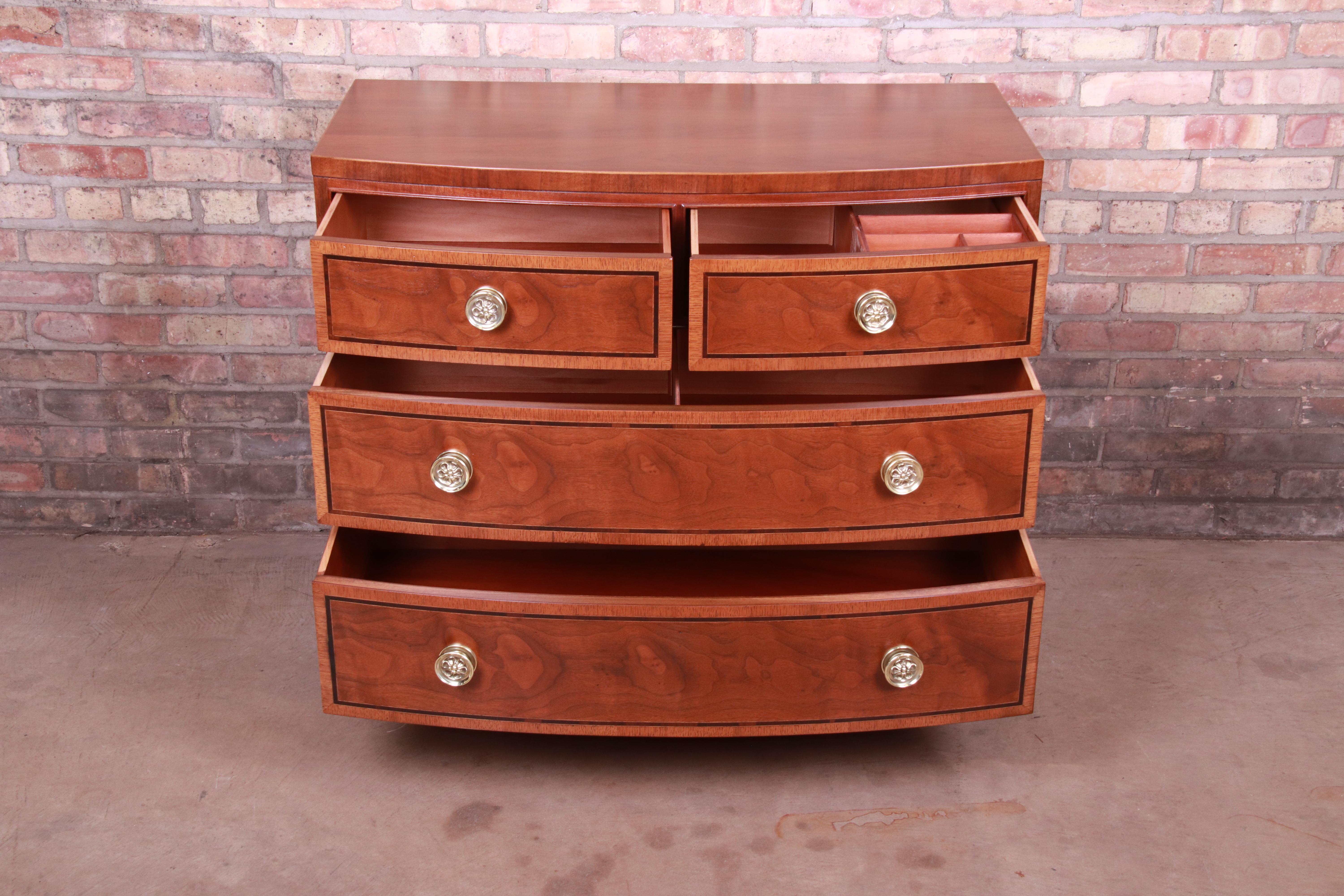 Brass Henredon Georgian Banded Mahogany Bow Front Bachelor Chest, Newly Restored