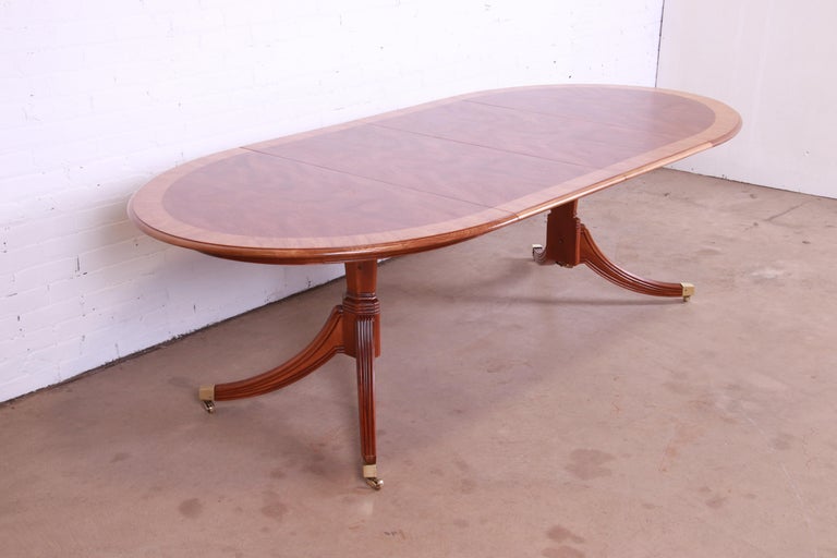 Henredon Banded Mahogany Double Pedestal Dining Table, Newly