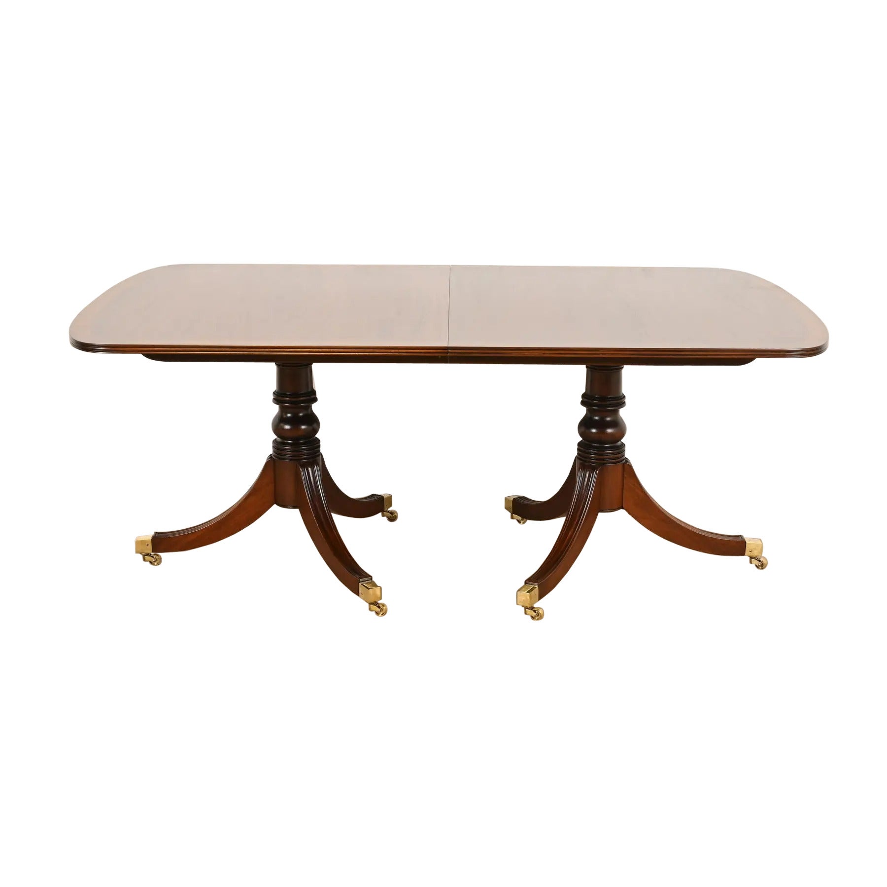 Henredon table de salle à manger géorgienne à double piédestal en acajou à bandes, nouvellement revernie en vente