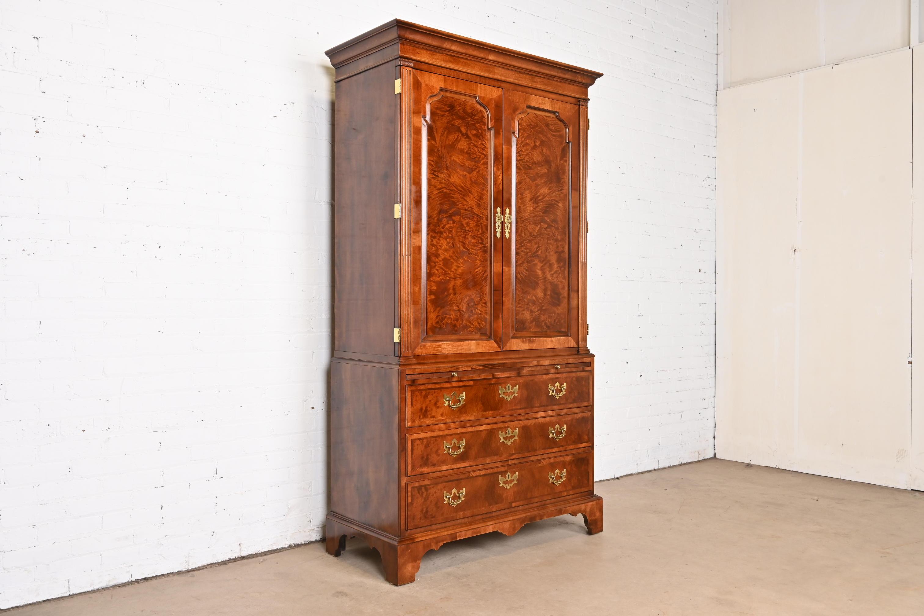 Late 20th Century Henredon Georgian Burled Mahogany Armoire Dresser or Linen Press