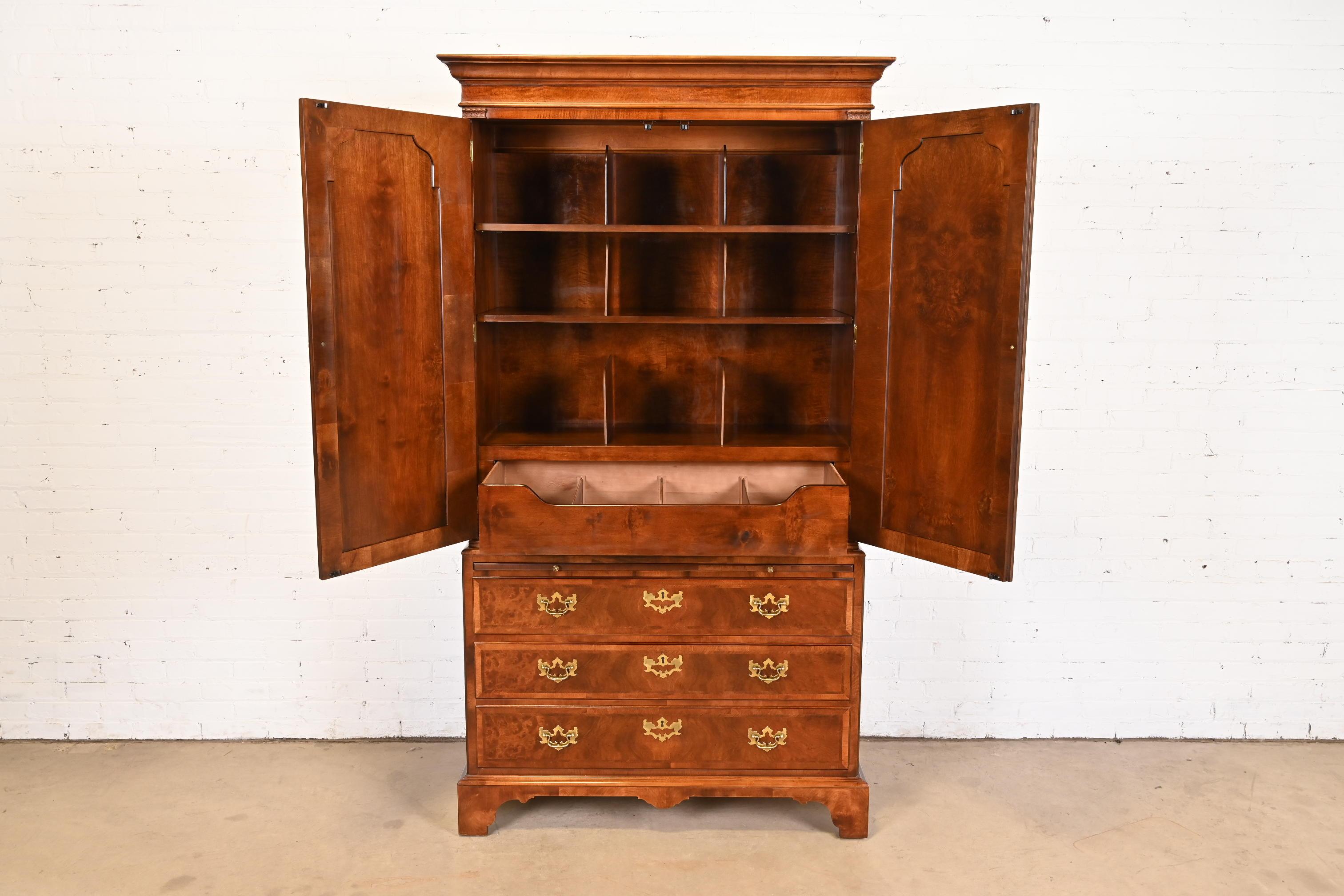 Brass Henredon Georgian Burled Mahogany Armoire Dresser or Linen Press