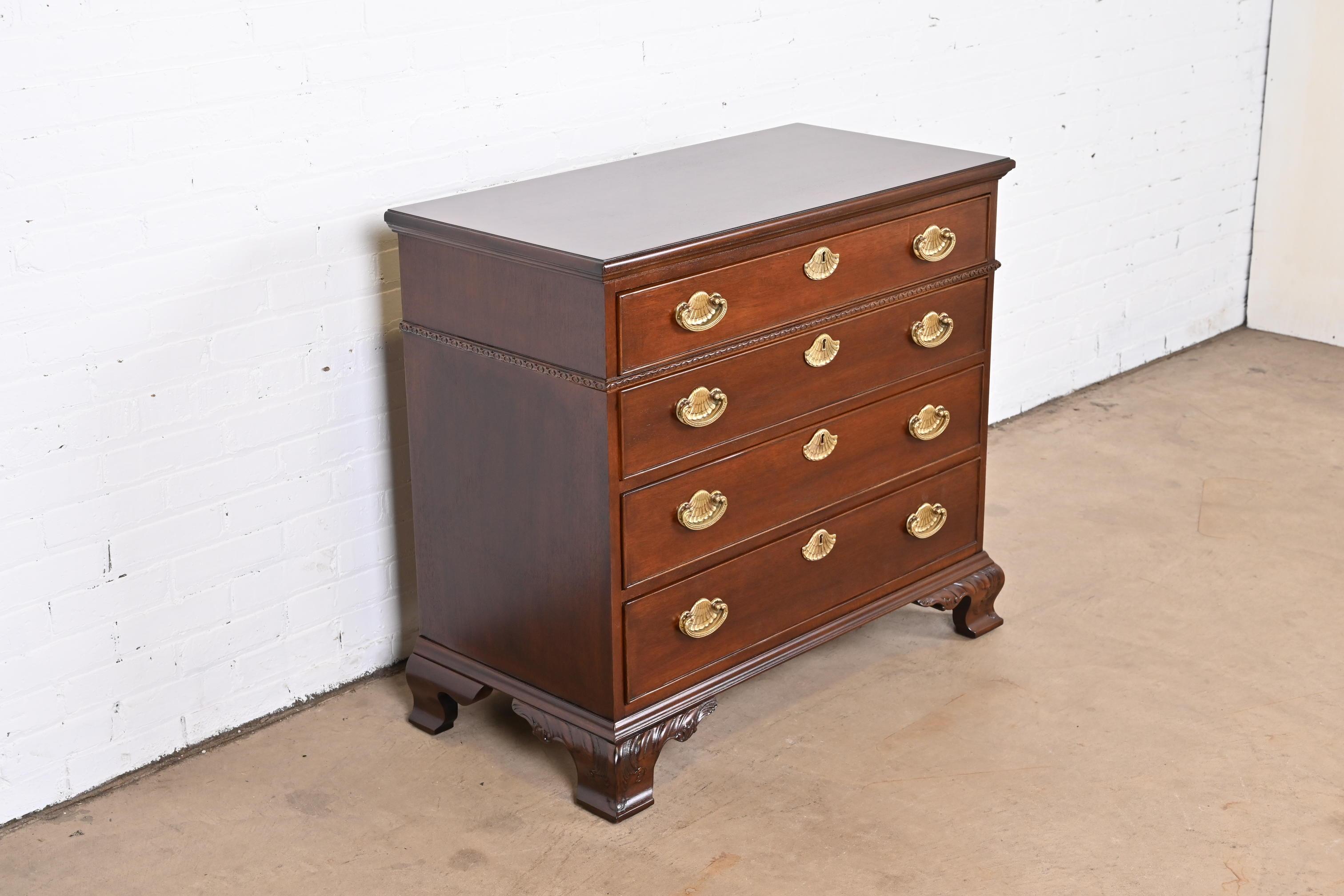 20th Century Henredon Georgian Carved Mahogany Chest of Drawers, Newly Refinished For Sale