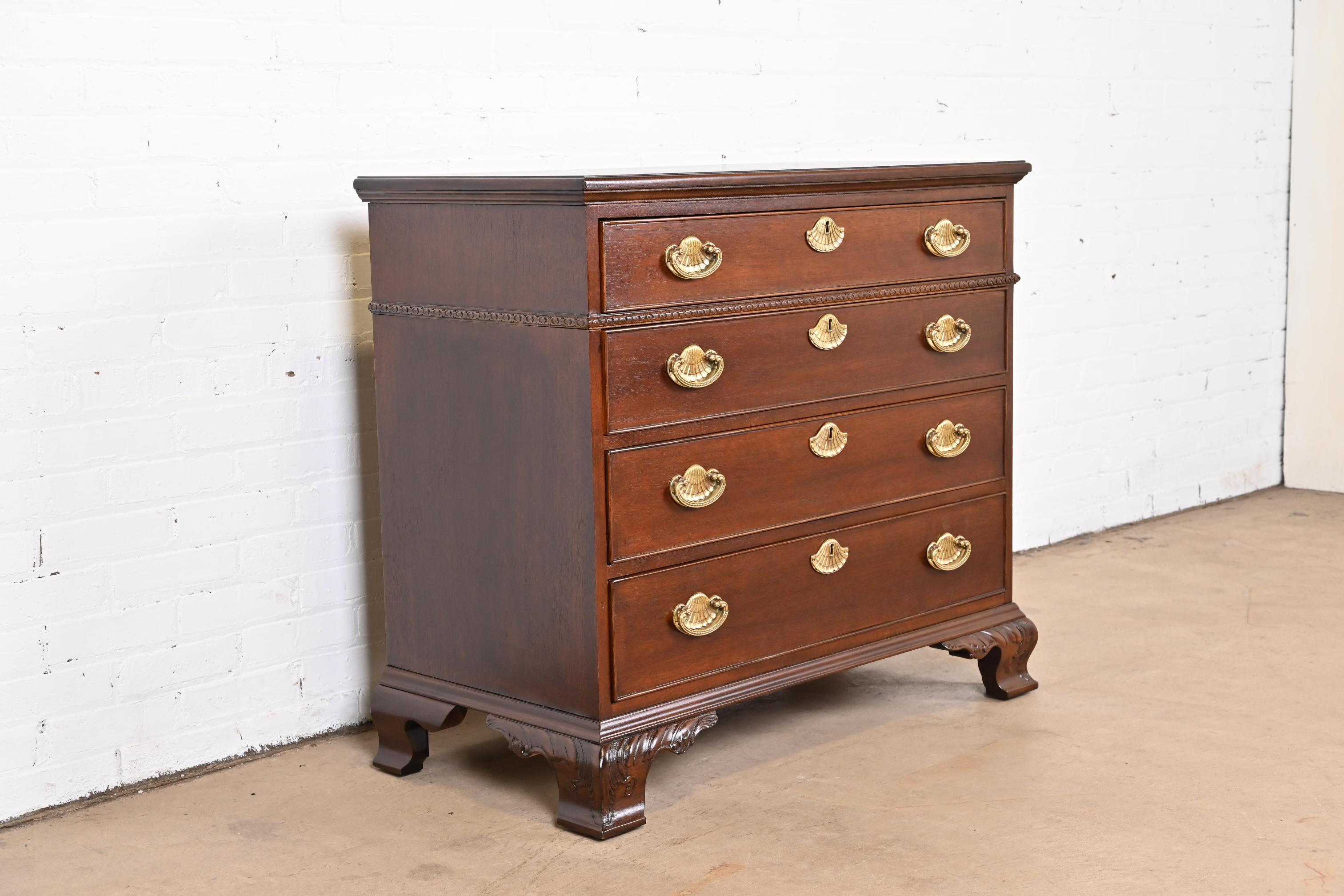 Brass Henredon Georgian Carved Mahogany Chest of Drawers, Newly Refinished For Sale