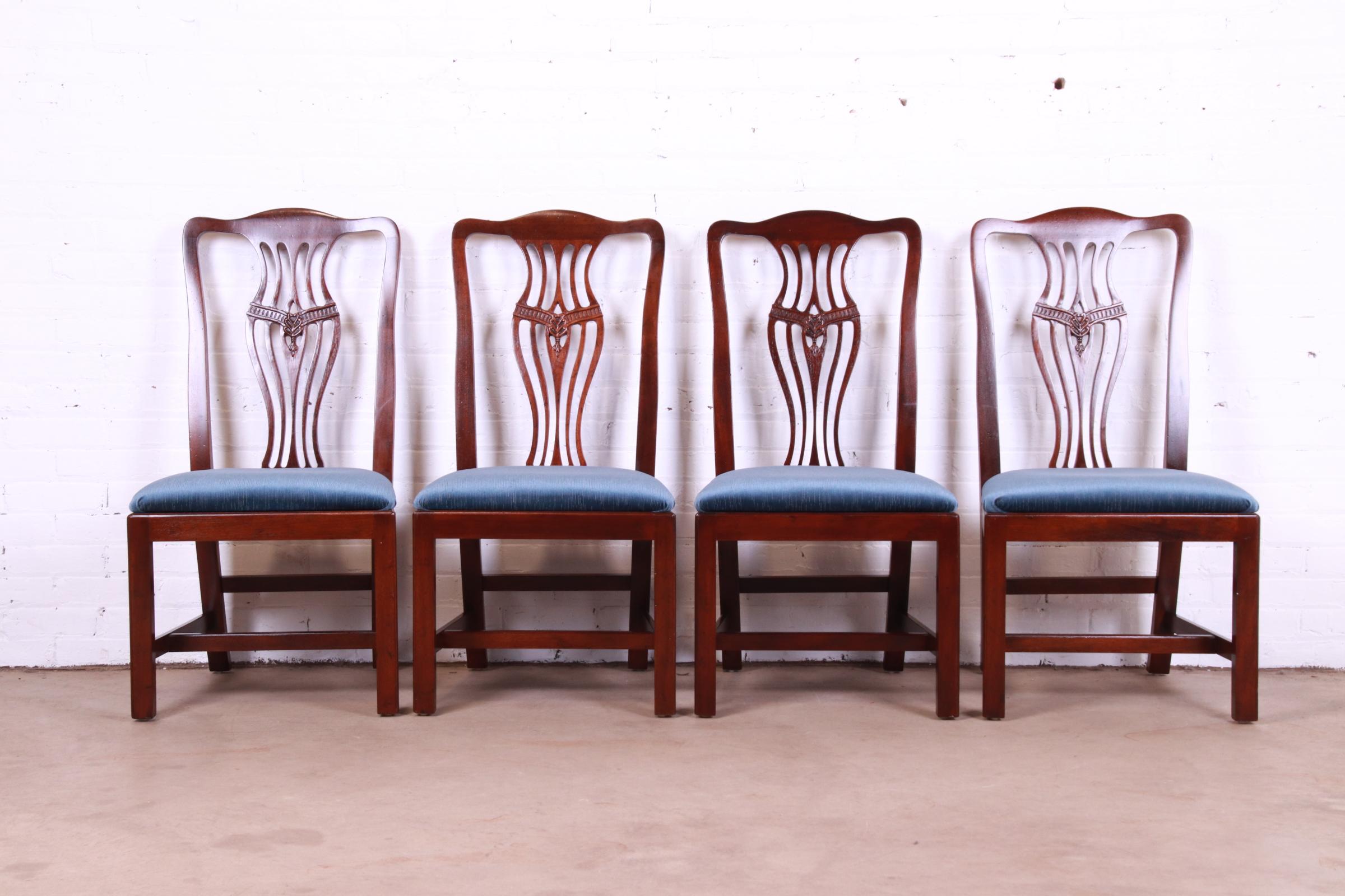 Upholstery Henredon Georgian Carved Mahogany Dining Chairs, Set of Four