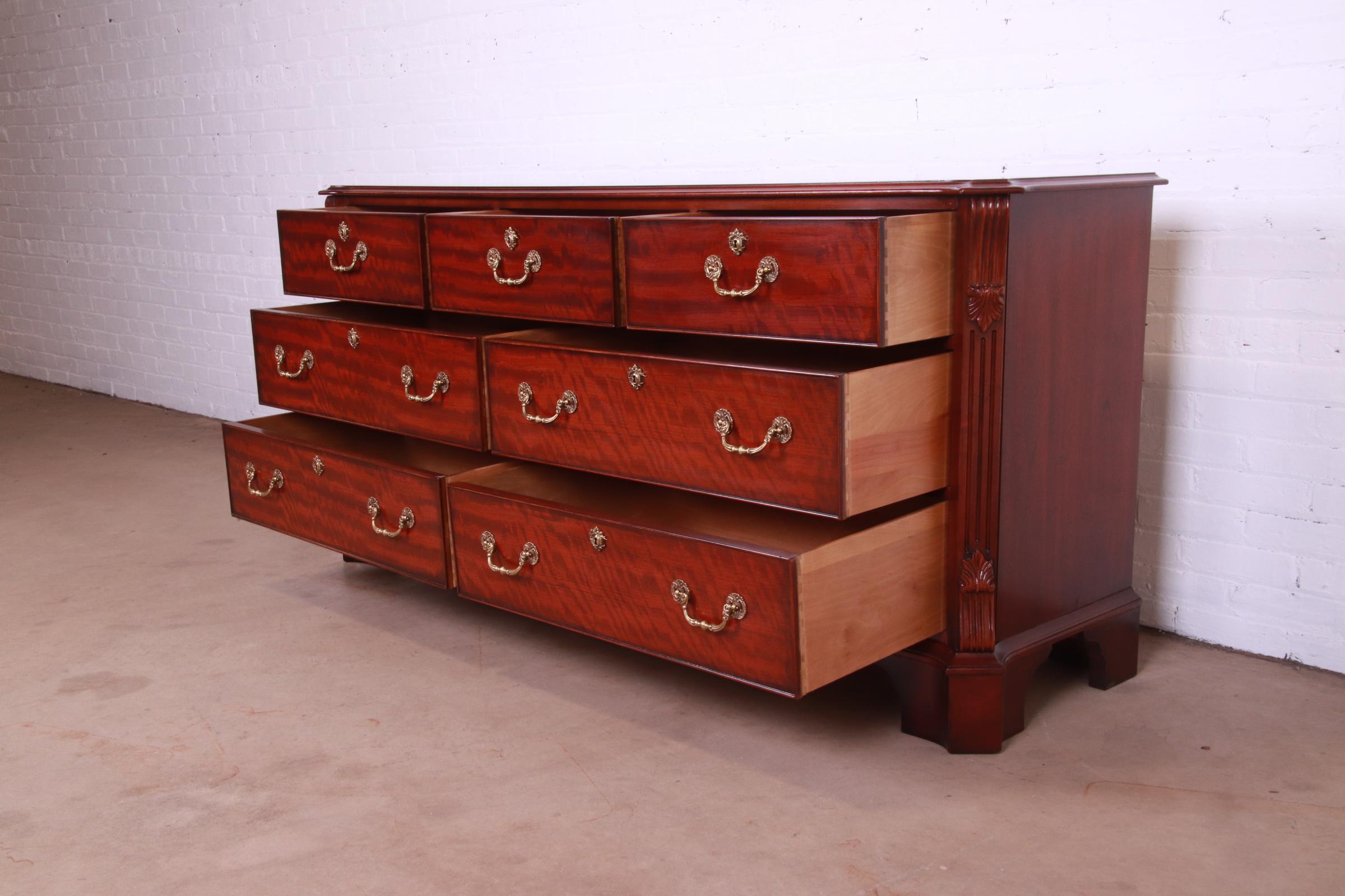 Brass Henredon Georgian Carved Mahogany Dresser or Credenza For Sale