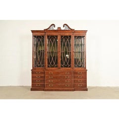 Henredon Georgian Carved Mahogany Lighted Breakfront Bookcase Cabinet