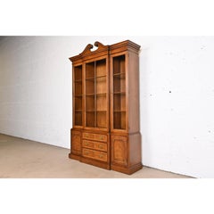Henredon Georgian Carved Mahogany Lighted Breakfront Bookcase Cabinet