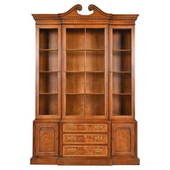 Henredon Georgian Carved Mahogany Lighted Breakfront Bookcase Cabinet