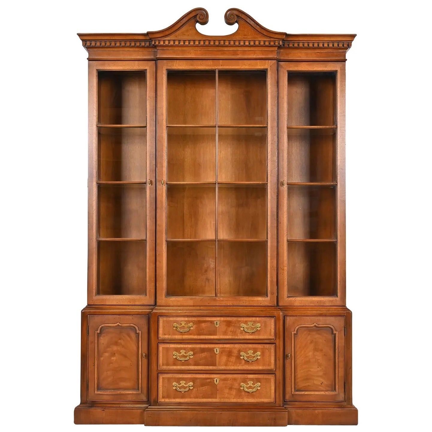 Henredon Georgian Carved Mahogany Lighted Breakfront Bookcase Cabinet