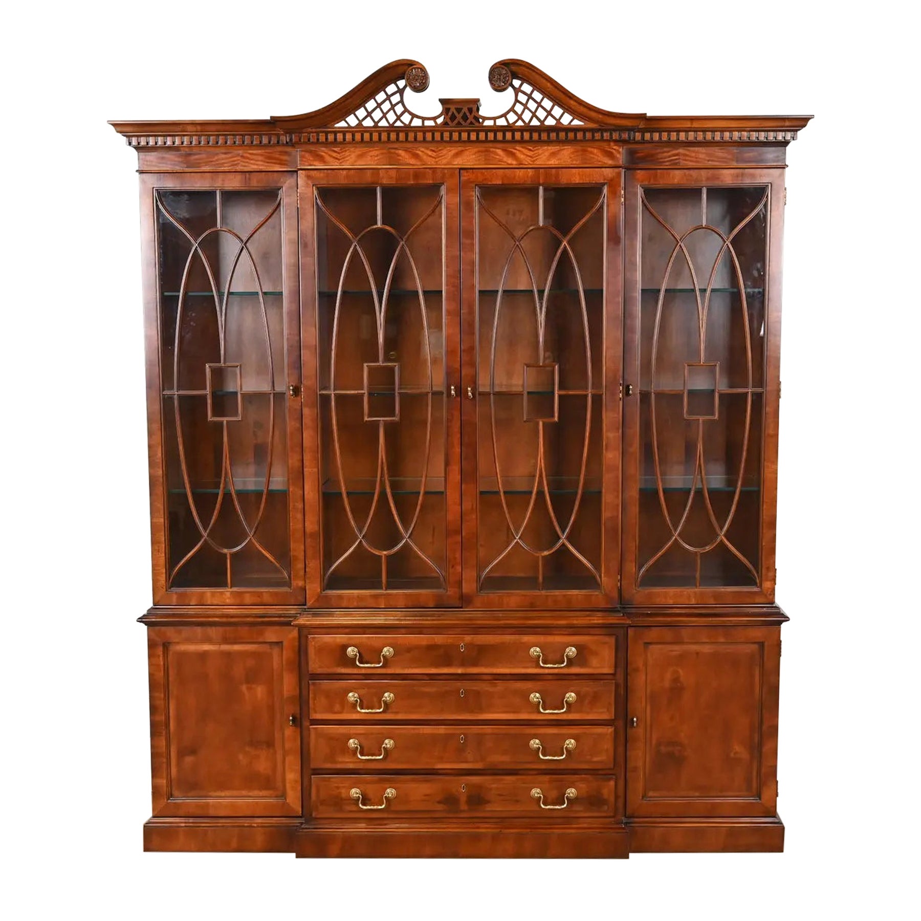Henredon Georgian Carved Mahogany Lighted Breakfront Bookcase Cabinet