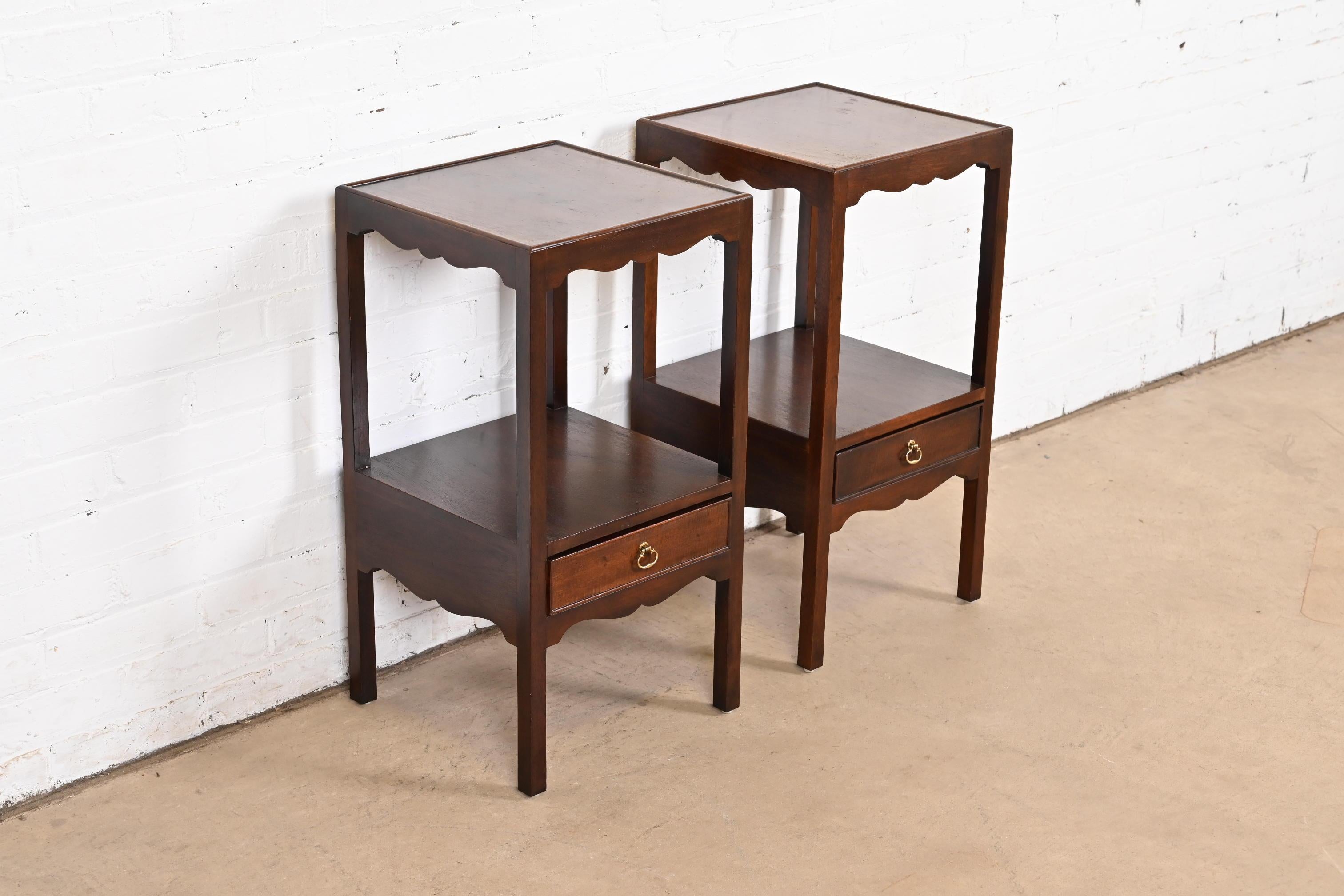 Brass Henredon Georgian Carved Mahogany Nightstands, Pair