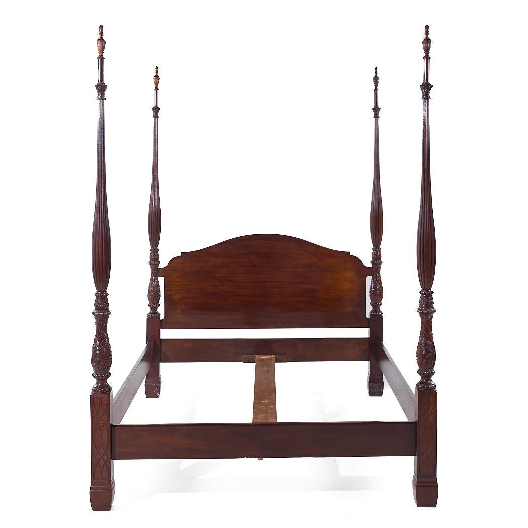 Henredon Georgian Carved Mahogany Queen Poster Bed

The posters measures: 65 wide x 89 deep x 91 inches high
The bedframe height is 16.5 inches

We take our photos in a controlled lighting studio to show as much detail as possible. We do not