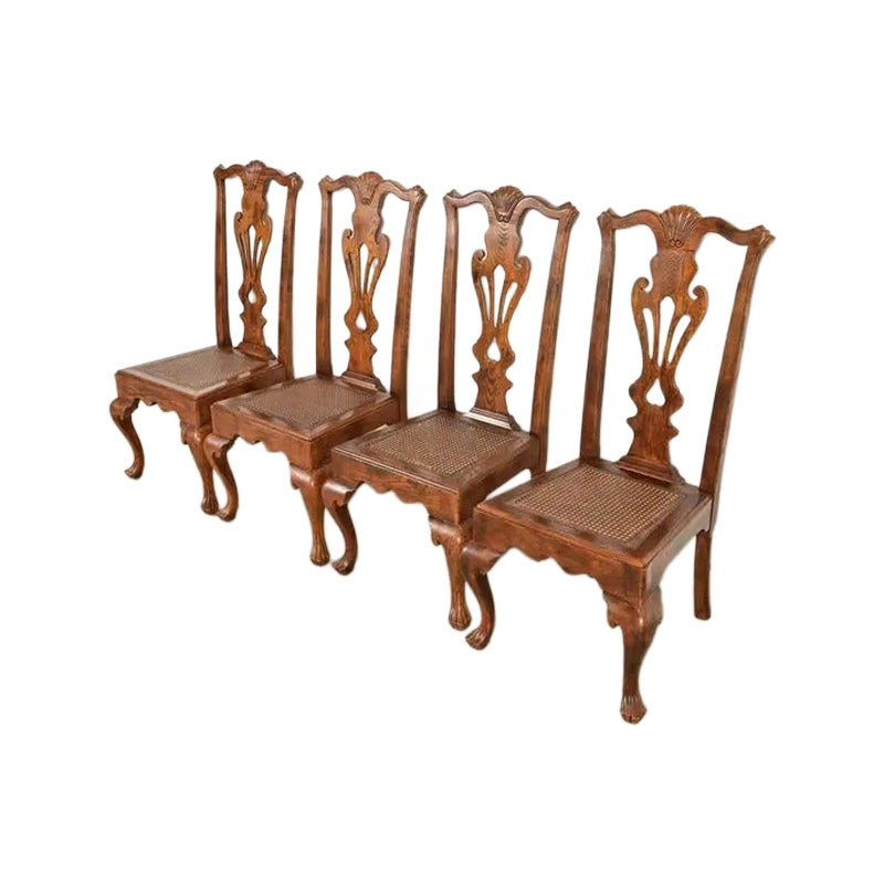 Henredon Georgian Carved Oak and Cane Dining Chairs, Set of Four