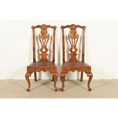 Henredon Georgian Carved Oak and Cane Side Chairs or Dining Chairs, Pair