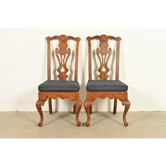 Henredon Georgian Carved Oak and Cane Side Chairs or Dining Chairs, Pair