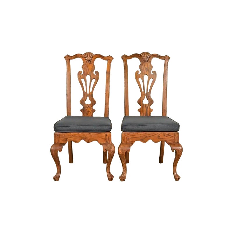 Henredon Georgian Carved Oak and Cane Side Chairs or Dining Chairs, Pair For Sale