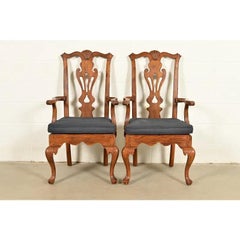 Henredon Georgian Carved Solid Oak Armchairs, Pair