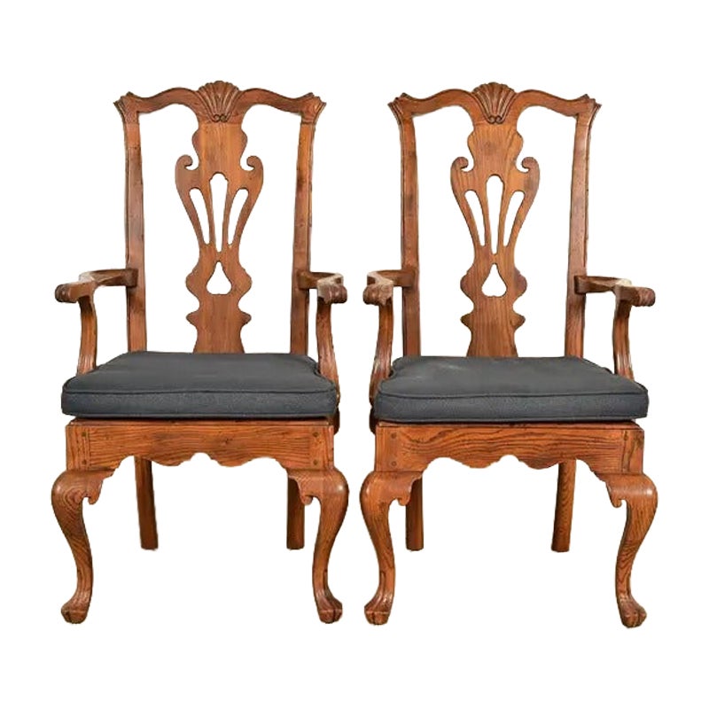 Henredon Georgian Carved Solid Oak Armchairs, Pair For Sale