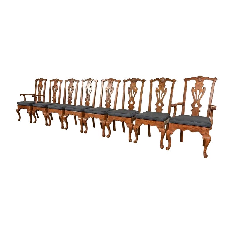 Henredon Georgian Carved Solid Oak Dining Chairs, Set of Eight