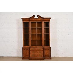 Henredon Georgian Carved Walnut Lighted Breakfront Bookcase Cabinet