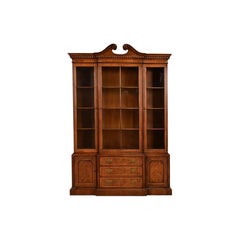 Henredon Georgian Carved Walnut Lighted Breakfront Bookcase Cabinet