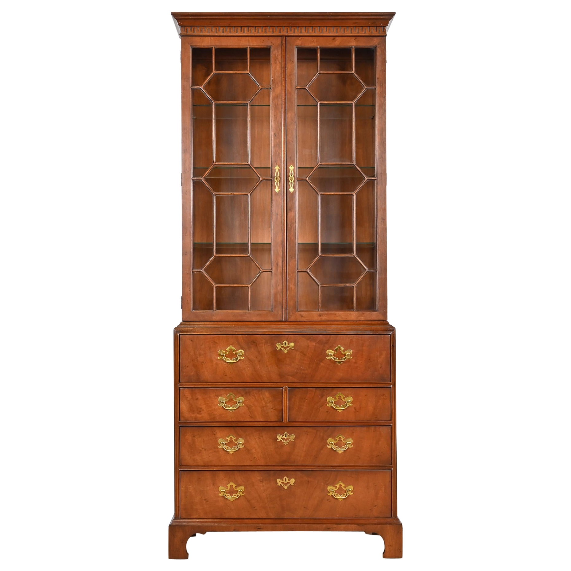 Henredon Georgian Mahogany Breakfront Bookcase Bureau with Drop Front Desk
