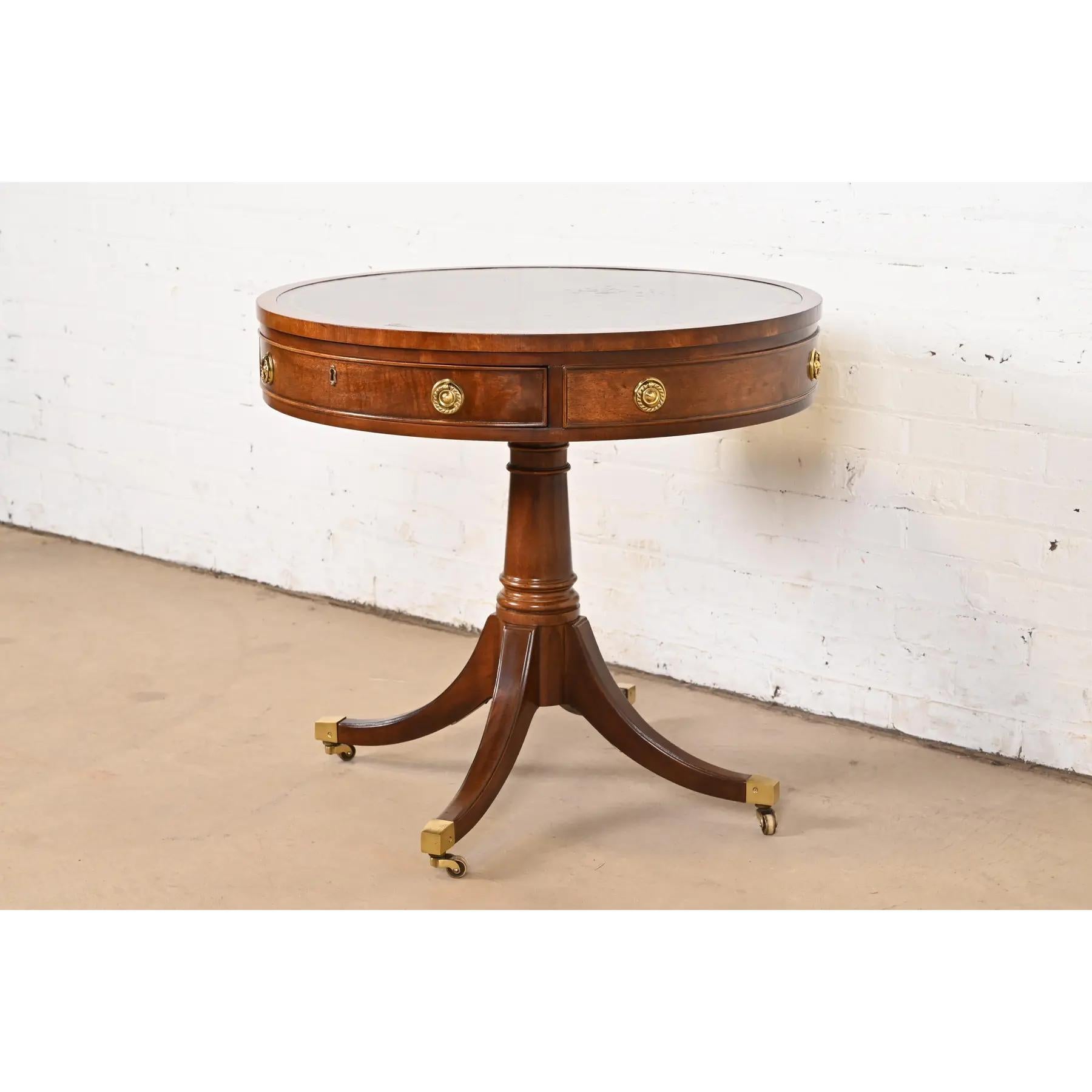 American Henredon Georgian Mahogany Pedestal Leather Top Drum Tea Table