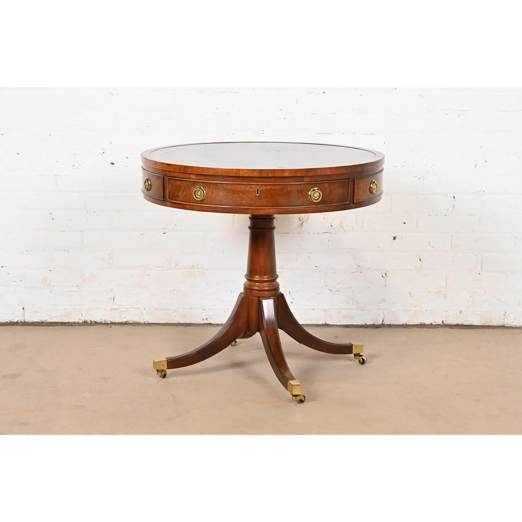 Henredon Georgian Mahogany Pedestal Leather Top Drum Tea Table In Good Condition In South Bend, IN