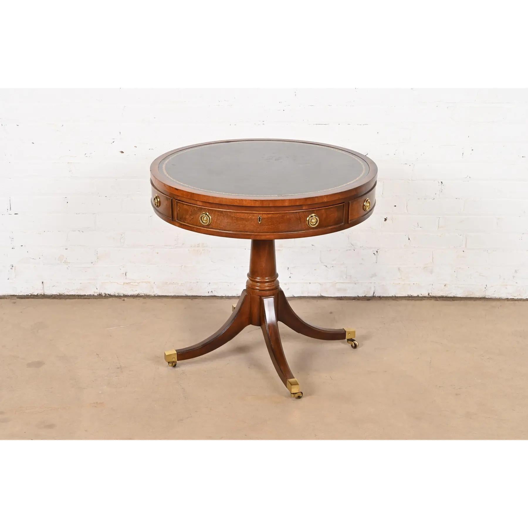 Late 20th Century Henredon Georgian Mahogany Pedestal Leather Top Drum Tea Table