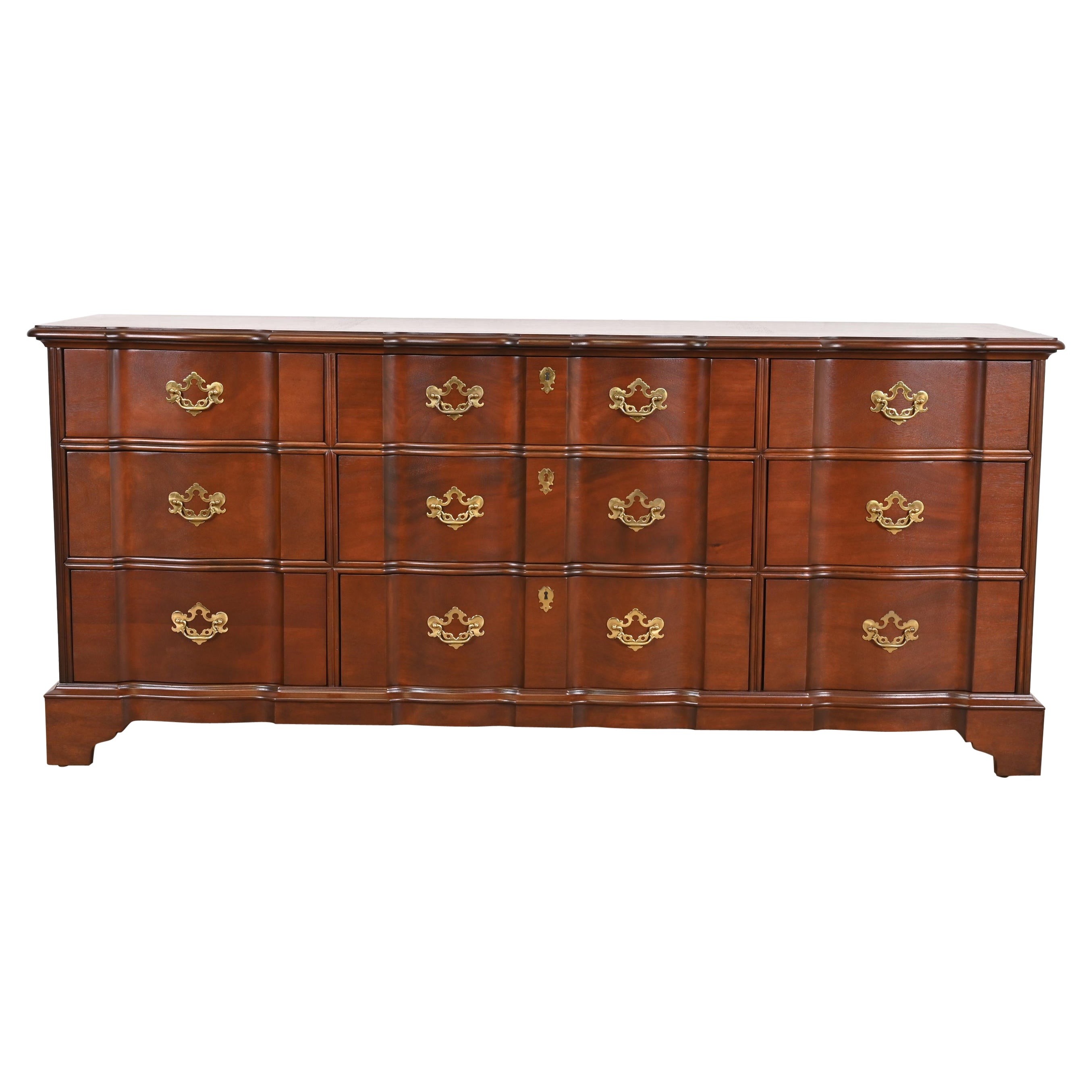 Henredon Georgian Solid Mahogany Block Front Triple Dresser, Newly Refinished