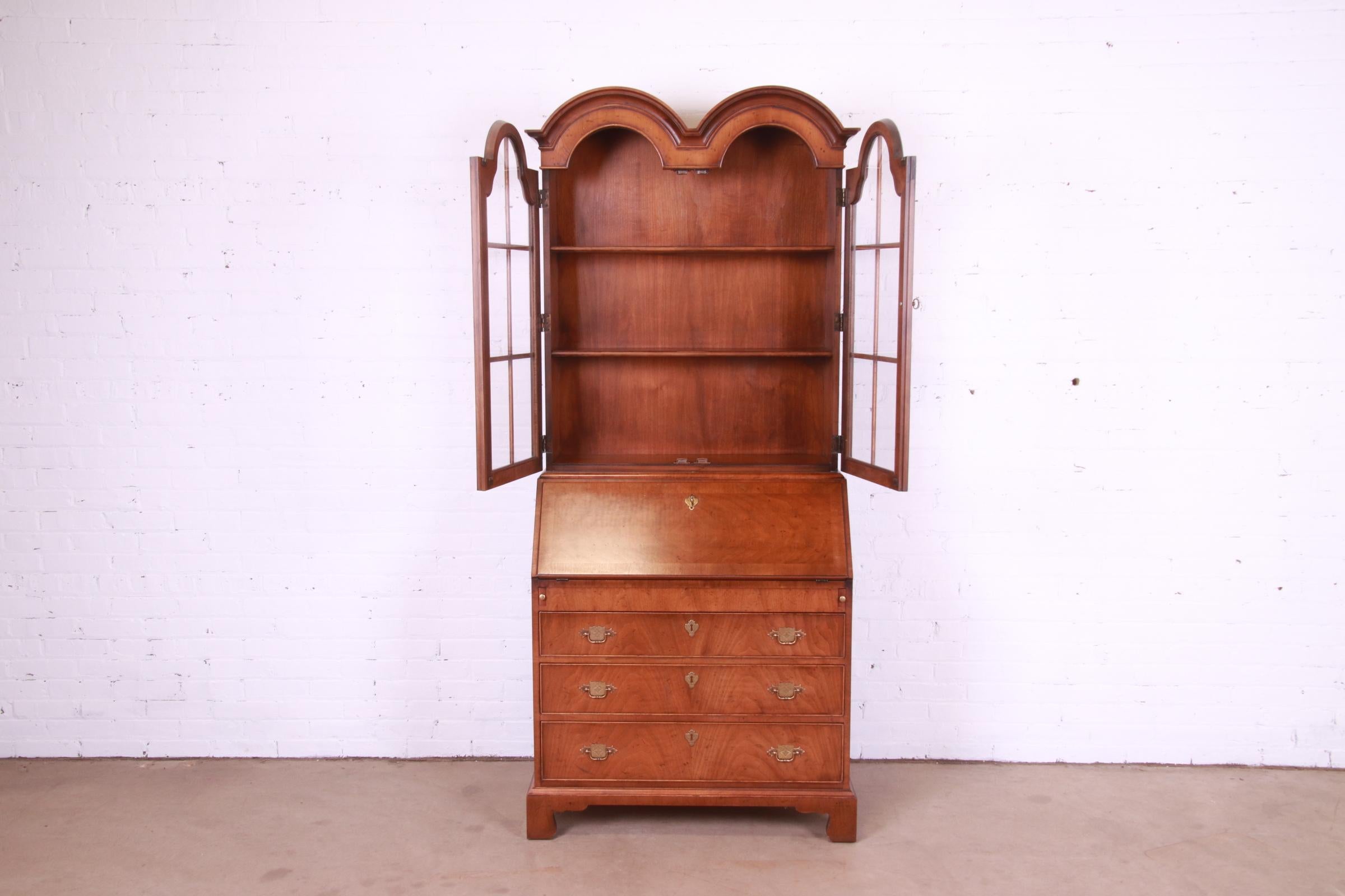 American Henredon Georgian Walnut Drop Front Secretary Desk With Bookcase Hutch For Sale