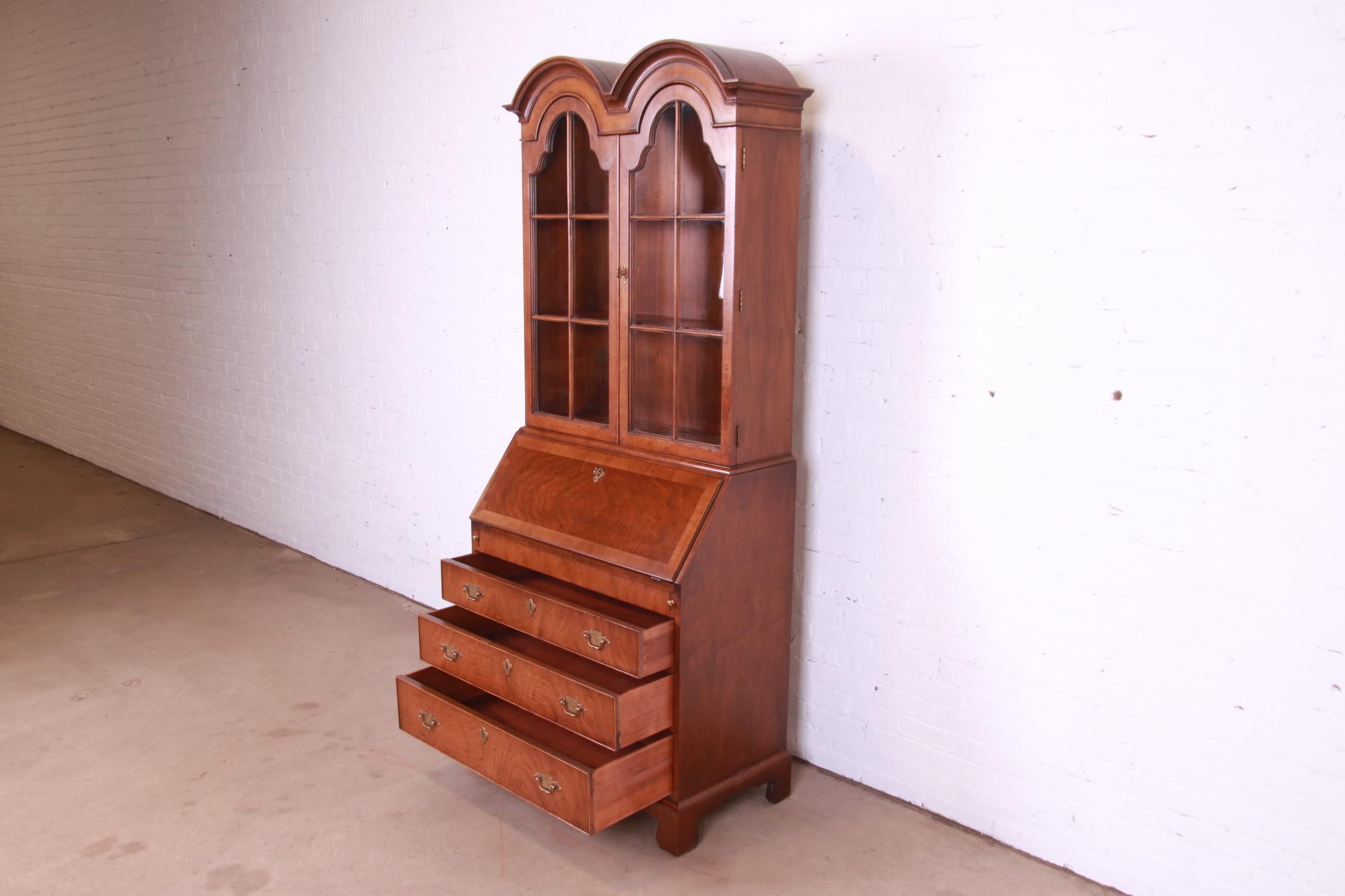 20th Century Henredon Georgian Walnut Drop Front Secretary Desk With Bookcase Hutch For Sale